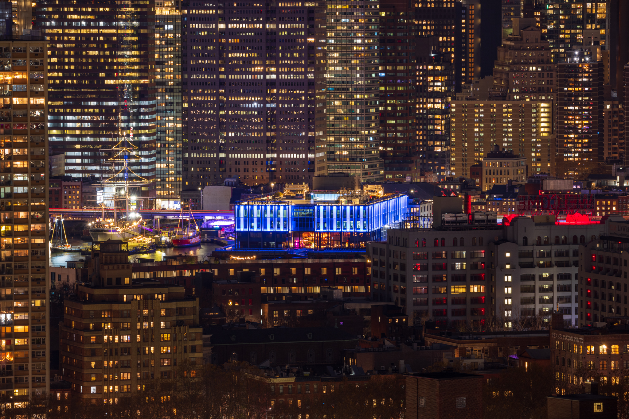 Manhattan's Pier 17 from Brooklyn photographed at 244mm